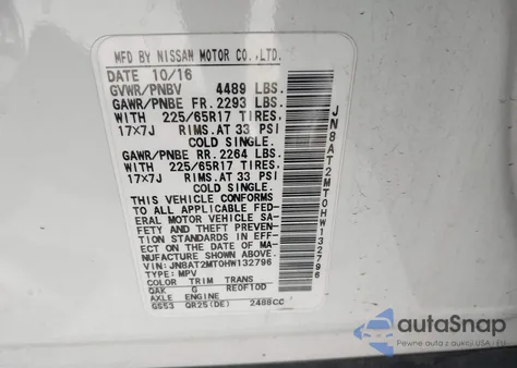 2017 Nissan Rogue Sv z USA, uszkodzony, nr VIN JN8AT2MT0HW132796